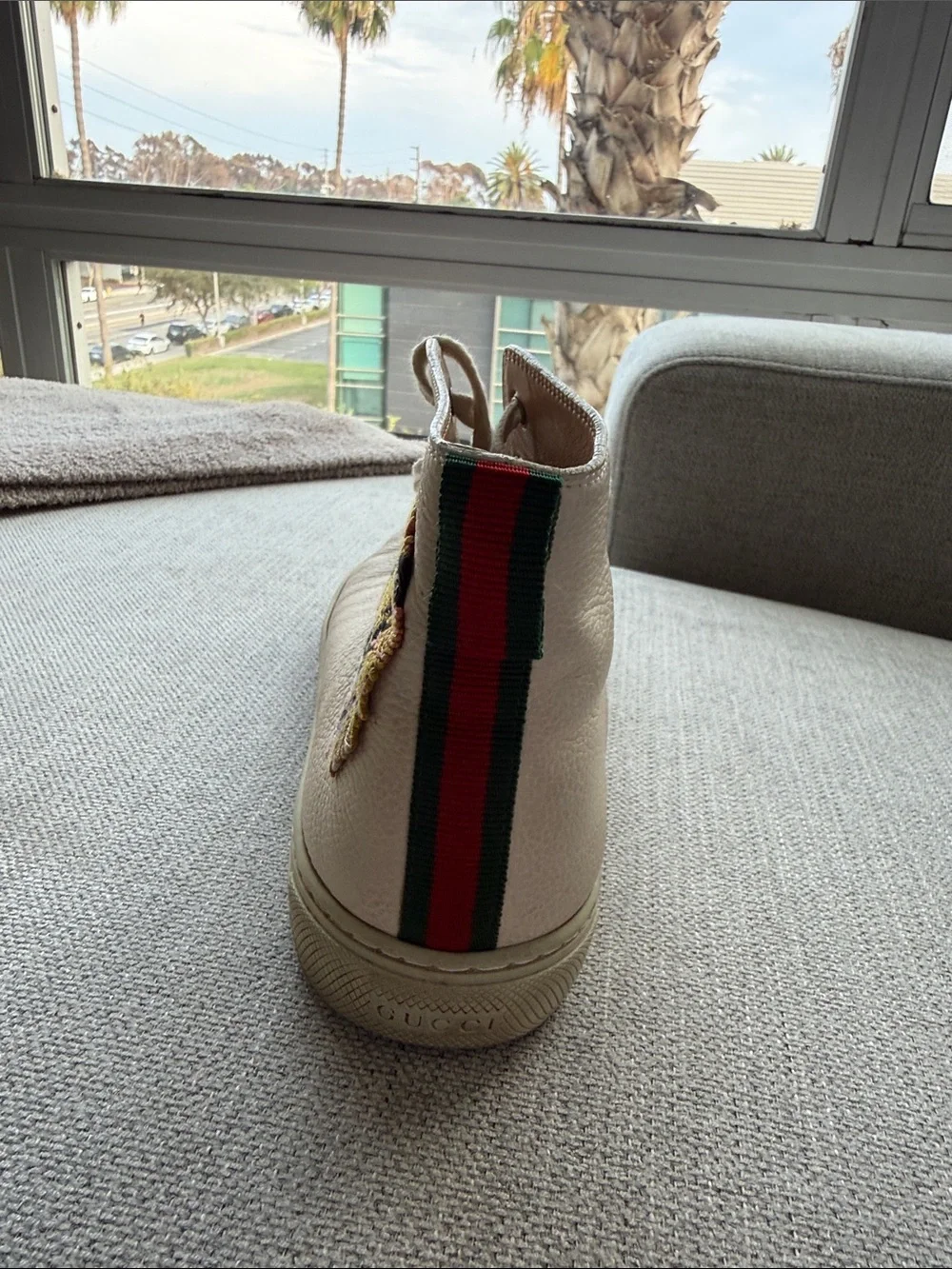 Gucci High-Top Leather Sneakers in Off-White with Tiger Embroidery